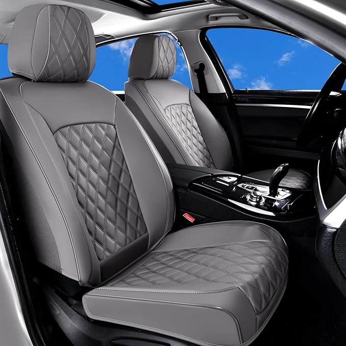 Huidasource Gray Front Seat Covers, Car Seat Covers Front Seats Waterproof, Full-Cover Faux Leather Gray Driver Seat Cover Protector Universal Fit for Most Cars, Vans, Trucks, SUVs (Front Pair/Gray)