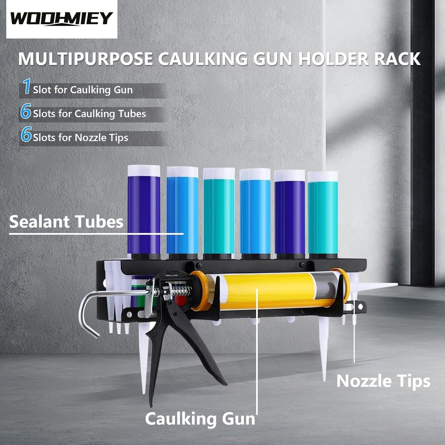 Caulking Tool Holder,Caulking Tool Storage Rack,Wall Mounted Caulk Tube Holder Sealant Organizer with 6 Tube Slots and 6 Nozzle Slots for Garage Workshop Shop