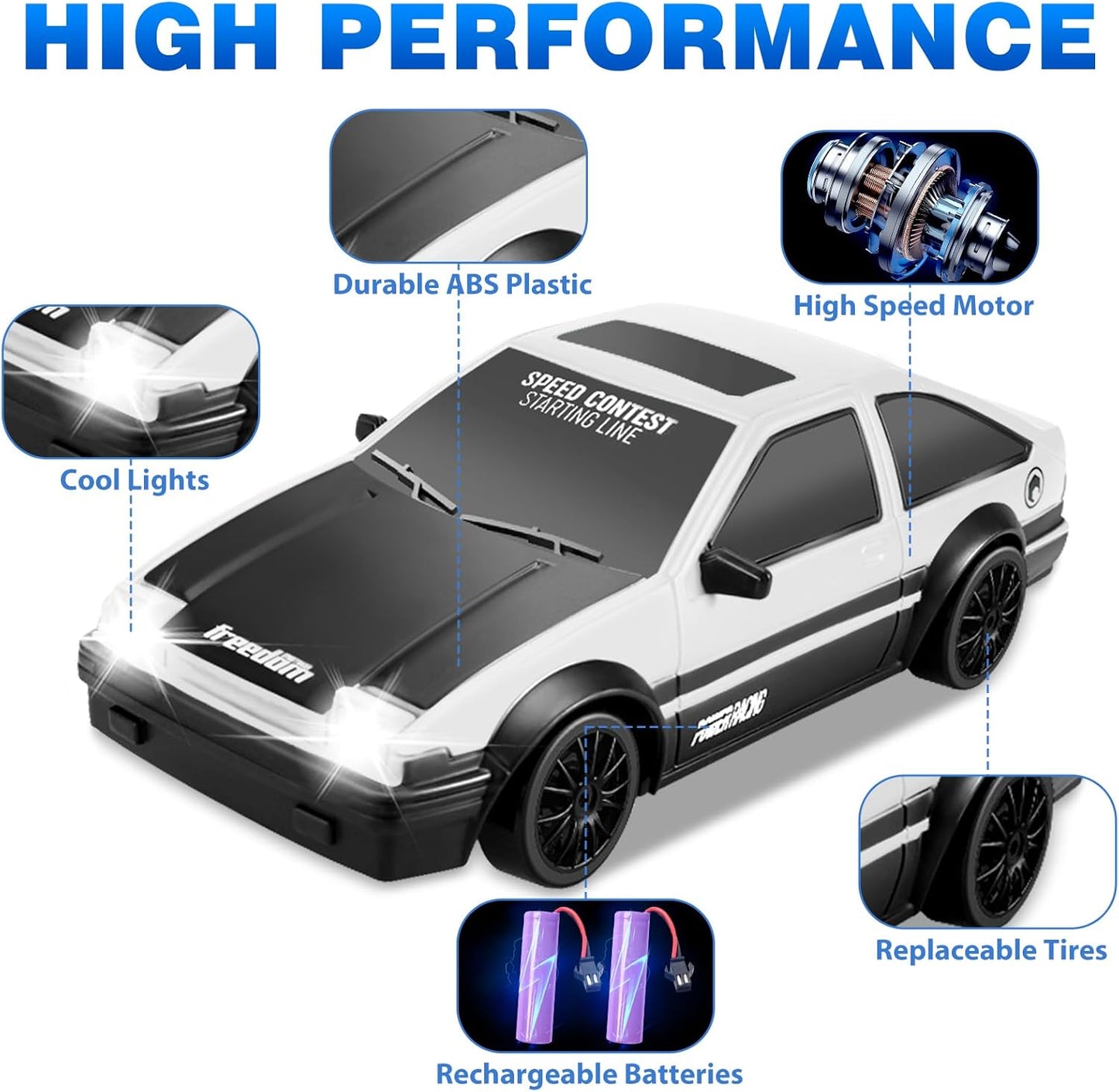 RC Drift Car 1/24 2.4GHz Remote Control Cars, 4WD High Speed Drift RC Cars with Cool LED Lights, Extra Drifting Tires Racing Toys Car with Two Batteries for Kids Boys Girls Adults (White)
