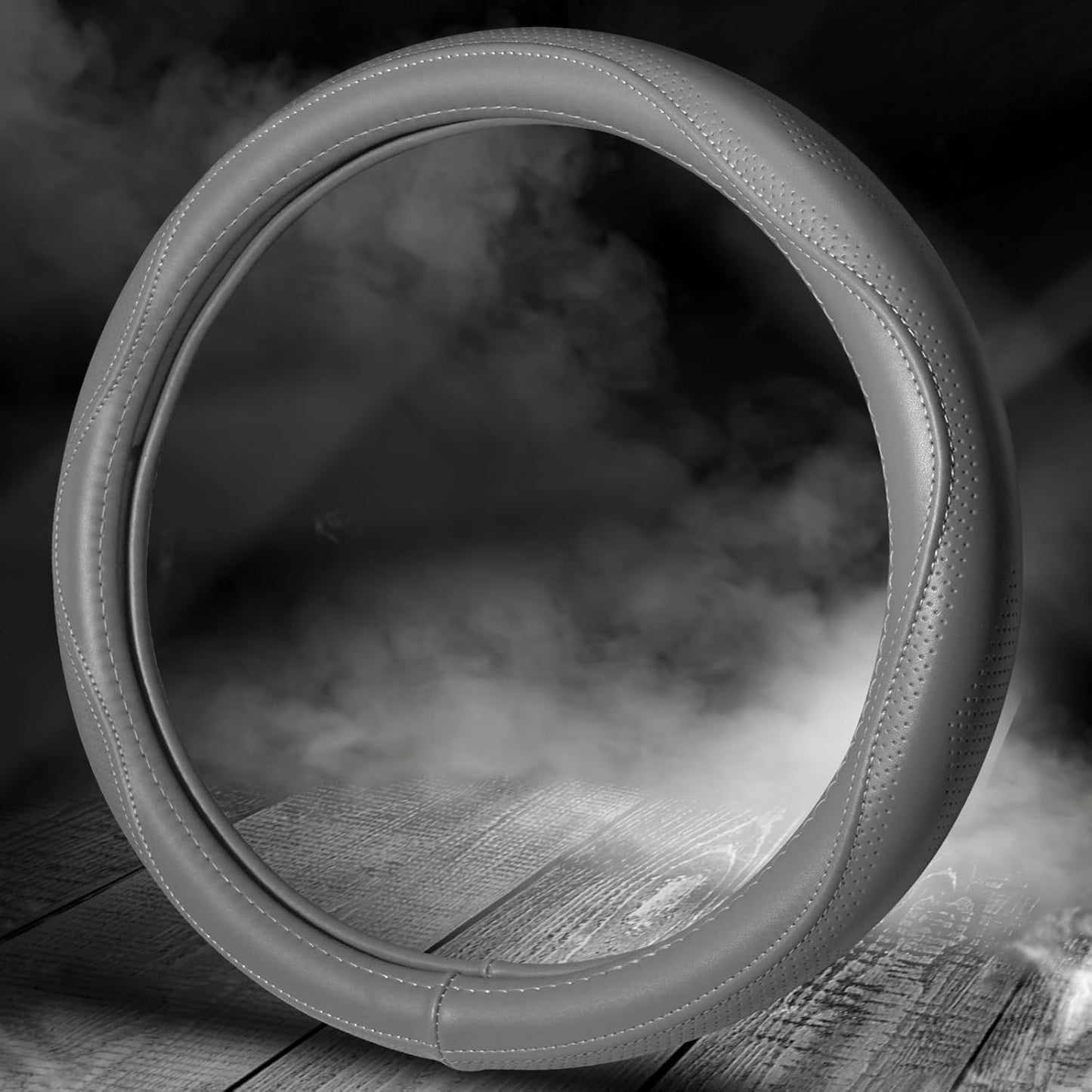 HAOKAY Top Grade Gray Genuine Leather Steering Wheel Cover Men Women, Luxury Steering Wheel Cover for Cars, SUVS and Trucks, Universal 14.5-15 inch