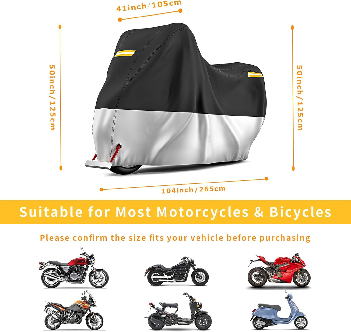 Motorcycle Cover All Season Waterproof Breathable Sun Outdoor Protection Three Reflective Tape with Lock-Holes & Storage Bag Bike Scooter Cover Universal (Silver and Black, 104''*41''*50'')