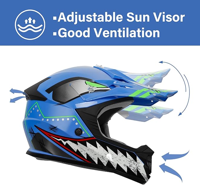 XFMT DOT Youth Kids Dirt Bike Helmet Full Face Motocross Helmets for Off-Road ATV Street Bike Four Wheeler Motorcycle with Goggles & Gloves, Blue Shark Small