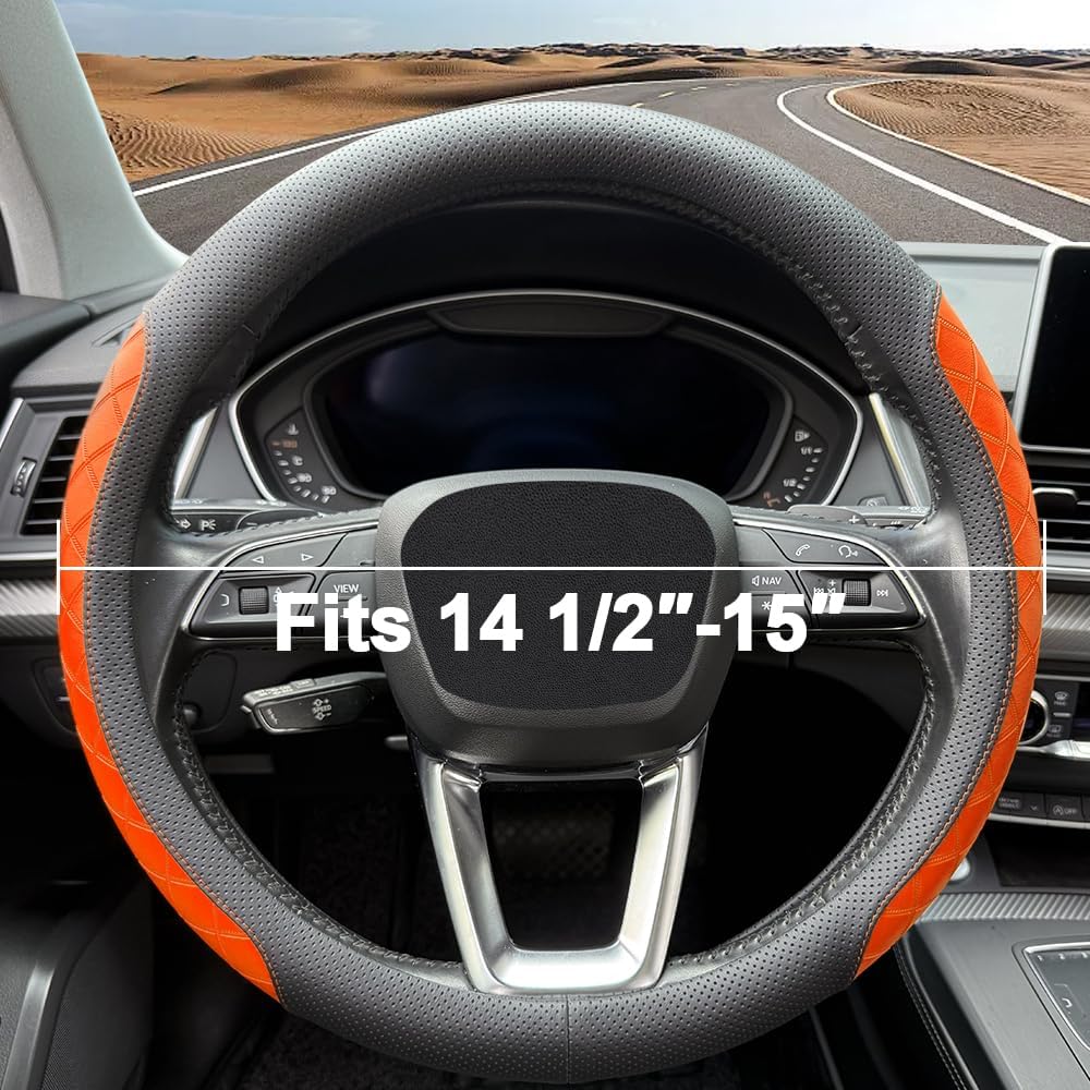 LKWLIKEI Nappa Leather Steering Wheel Cover, Diamond Checkered Design, Non-Slip wear-Resistant, Enhance Driving Comfort, Suitable for Steering Wheel Diameter 14 1/2‘-15’ Models.Black Orange