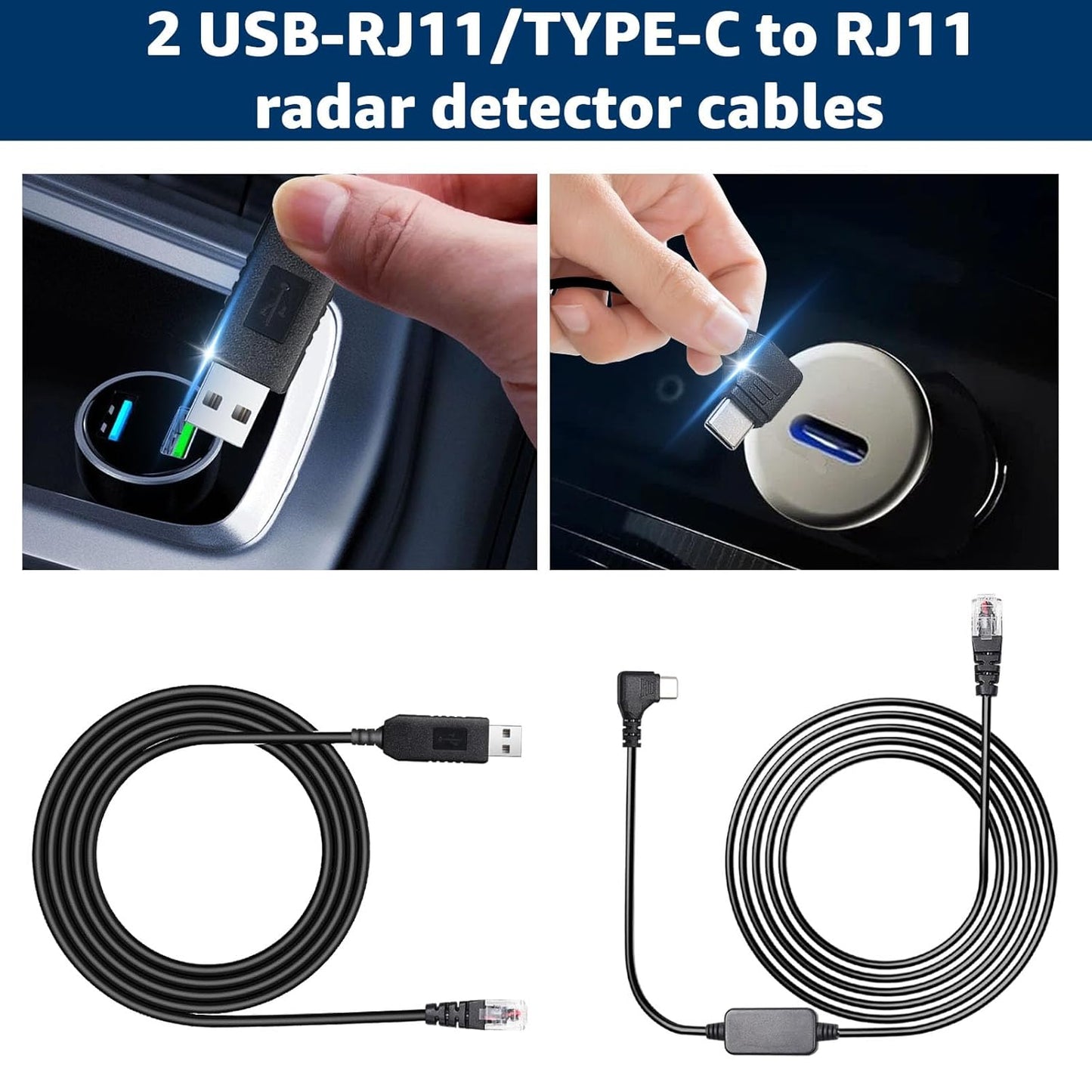 USB-C to RJ11 & USB to RJ11 Radar Detector Cables, 6.56Ft Each, Compatible with Escort, Uniden, Beltronics, Cobra, Radenso XP & More (Premium Replacement Power Cords)