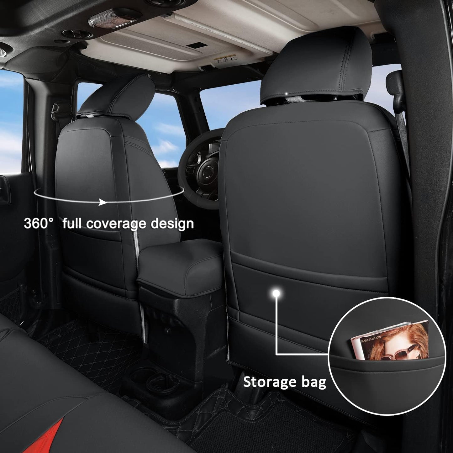 GIANT PANDA Customized Full Set Car Seat Covers for Jeep Wrangler 4 Door JK Sahara Sport Rubicon Unlimited Willys Wheeler Altitude 2013 2014 2015 2016 2017, Faux Leather - (Black+Red)