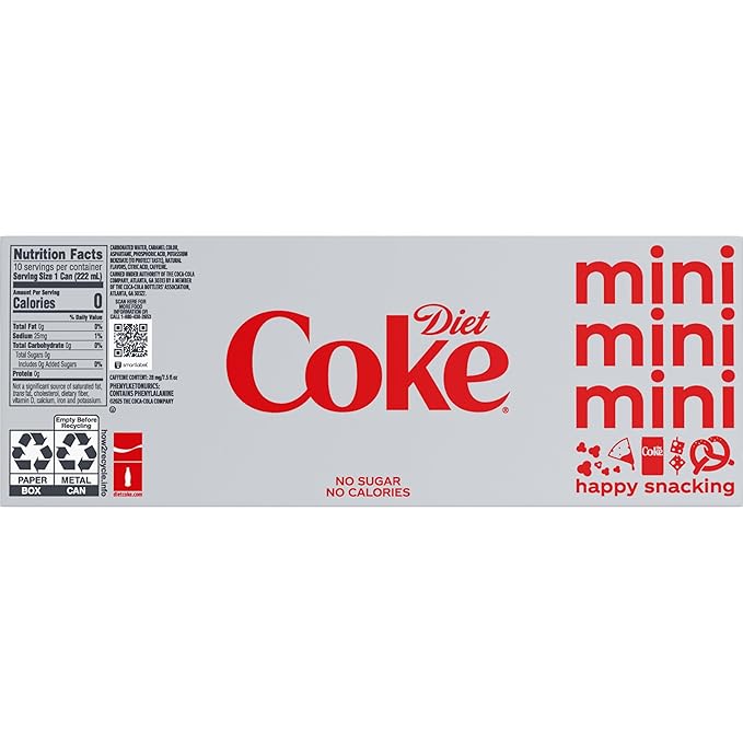 Diet Coke Fridge Pack Diet Soda, 7.5 fl oz Cans, 10 Pack - Mini Soda Soft Drinks