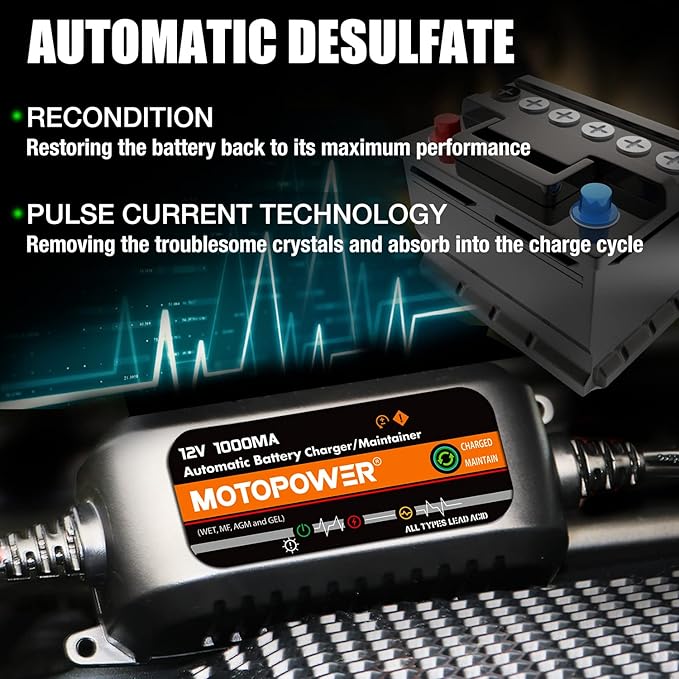 MOTOPOWER MP00205B 12V 1000mA Automatic Battery Charger, Battery Maintainer, Trickle Charger, and Battery Desulfator with Timer Protection - Black Edition