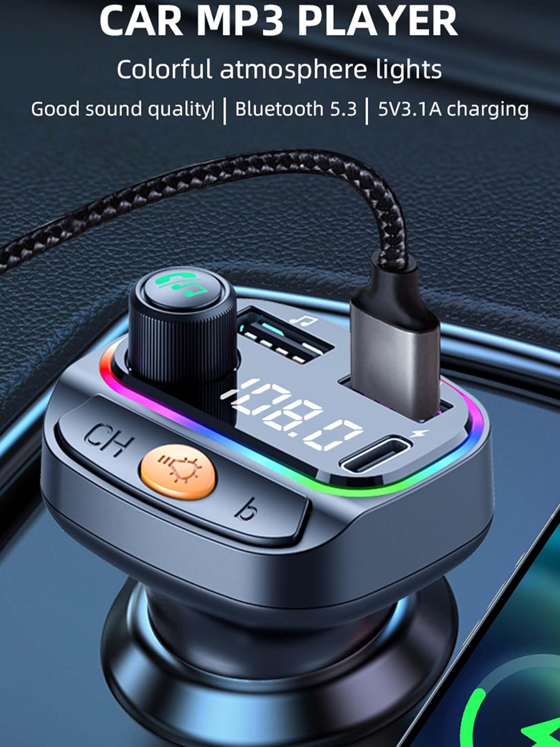 Bluetooth 5.3 FM Transmitter for Car, Wireless Car Adapter with QC 3.0 Fast Charging & PD 30W Type-C, Hands-Free Calling, U Disk Playback, EQ Sound Mode, 7-Color Ambient Light for Driving & Travel