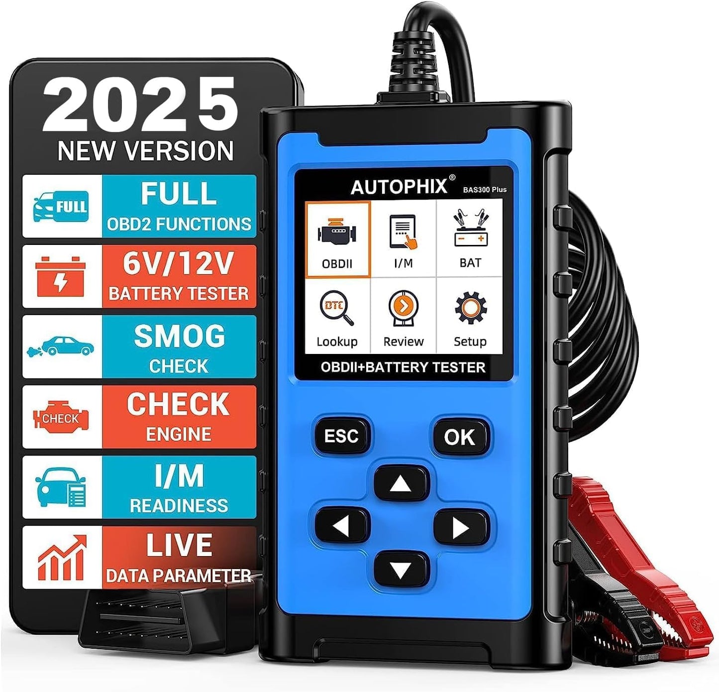 AUTOPHIX BAS300 Plus OBD2 Scanner & Battery Tester(Upgrade of BAS100), 2-in-1 Car Diagnostic Tool, 12V 100-2000 CCA Battery Charging Cranking Test, Check Engine Light Car Code Reader for All US Cars