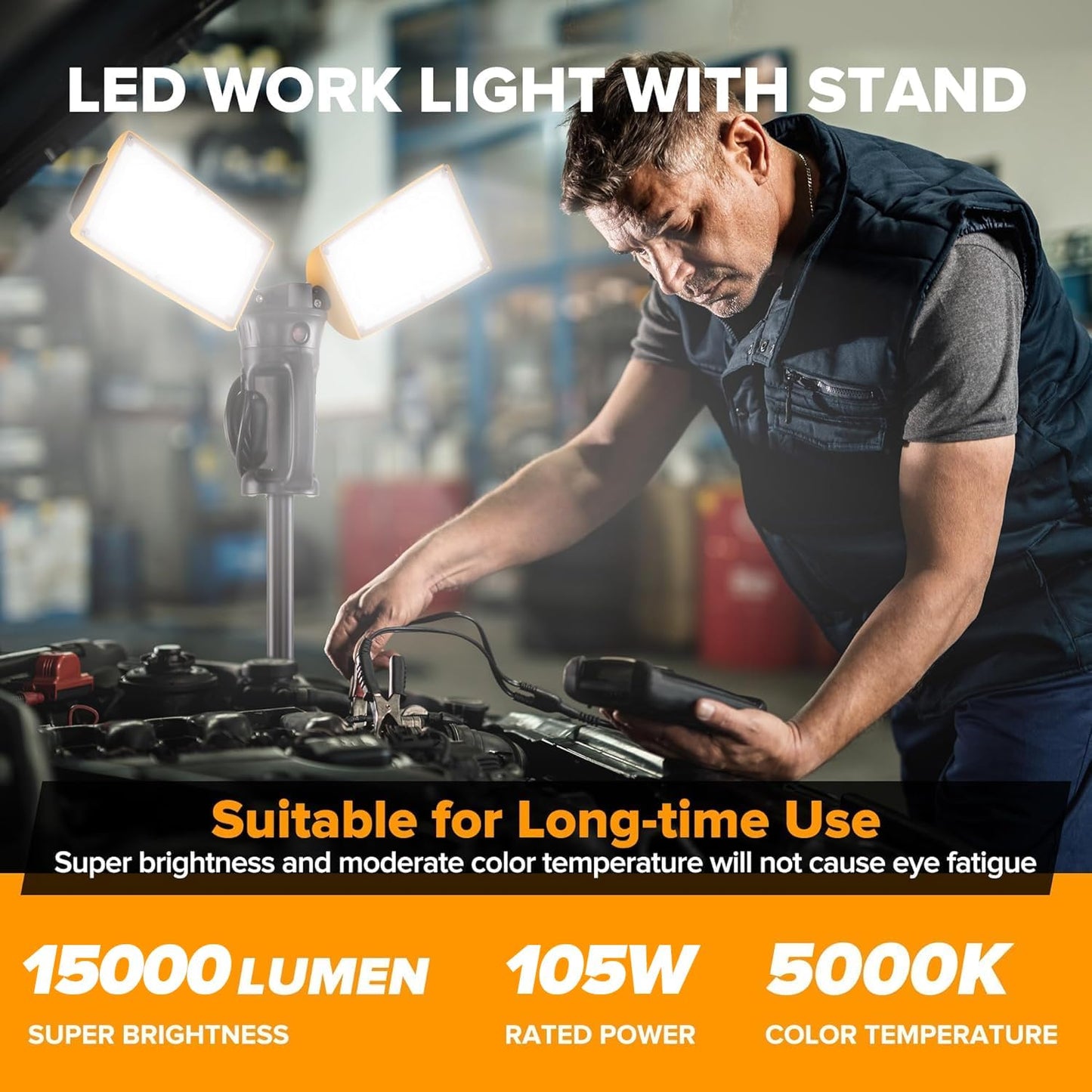 LUTEC 【Upgraded】 6290Pro 15000 Lumen 105 Watt Dual-Head LED Work Light with Telescoping Tripod, Work Light with Stand Rotating Waterproof Lamps and 8 Ft 3-Prong Power Cord