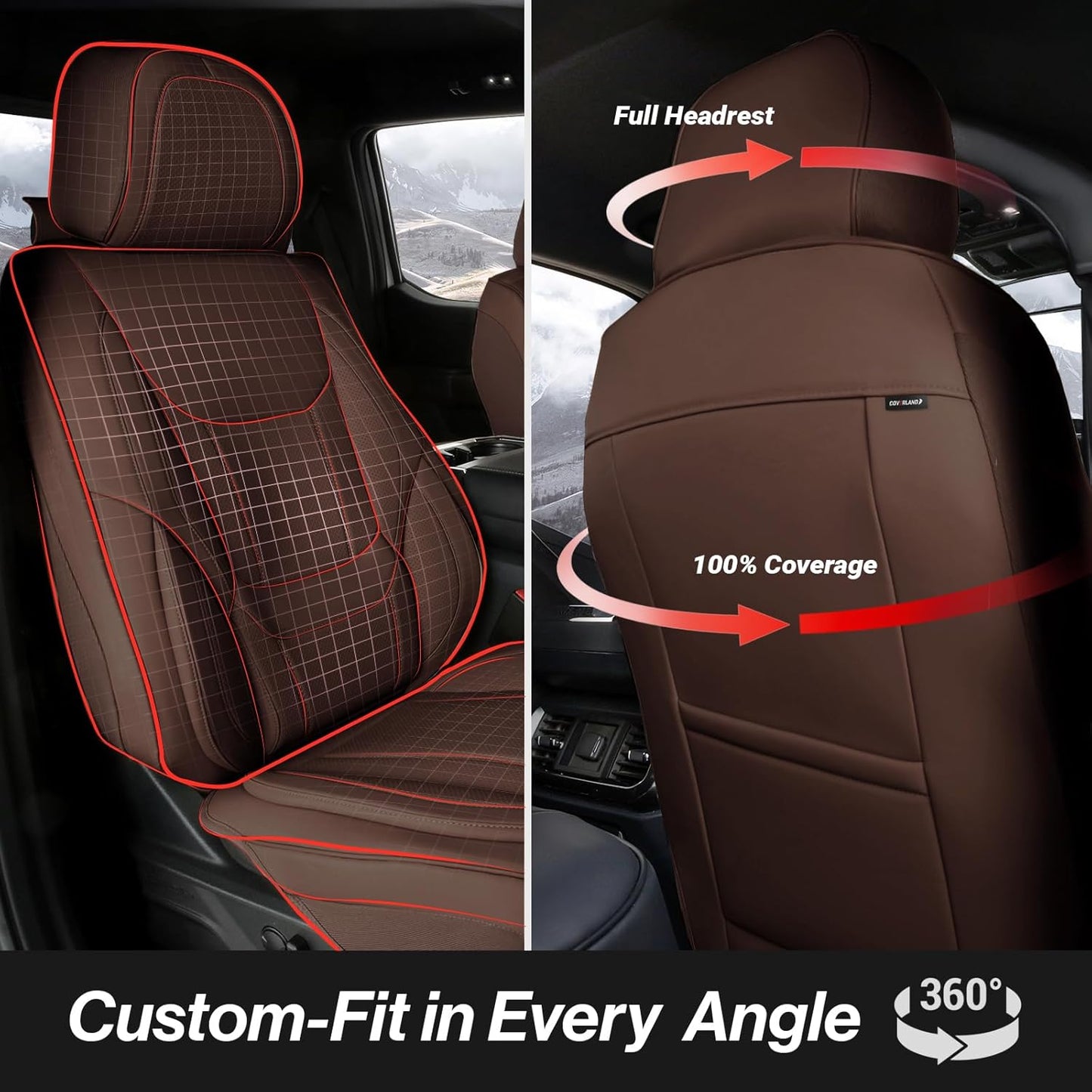 Coverland Custom Car Seat Covers Compatible with F150, Tundra, Ram 1500, Ram 2500 - Premium Leather Non-Slip Waterproof Cover Custom Interior Protector Full Set-Dark Brown [See Size Chart-Size X130]