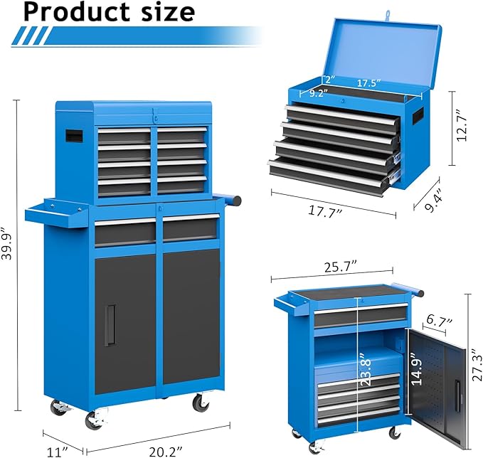 5-Drawer Rolling Metal Tool Storage Cabinet with Detachable Top Tool Box, for Garage Workshop - Blue