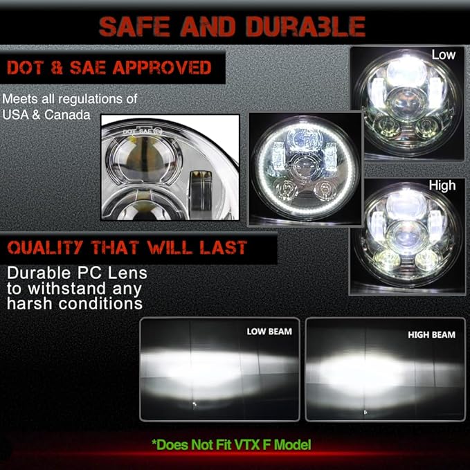 SLK-Lights VT1300 Fury LED Headlight Chrome Halo Daymaker 5 3/4in - Direct Fit - Plug & Play - Compatible Honda VT1300 2010-2025 Honda Fury, Sabre, Interstate, and Stateline (Chrome Halo)