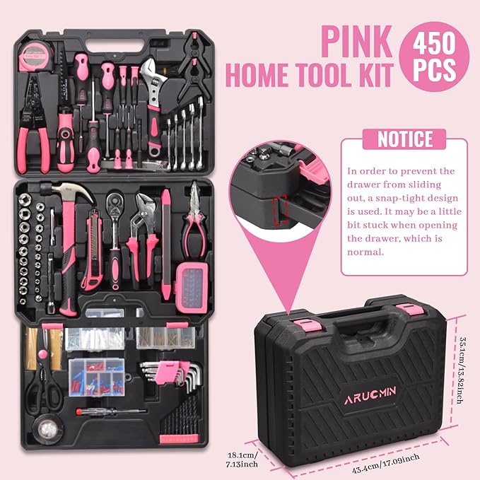 450-Piece Pink Tool Set, Home Tool Kit with Toolbox Storage Case Home Repair Tool Kit with Drawer for Women