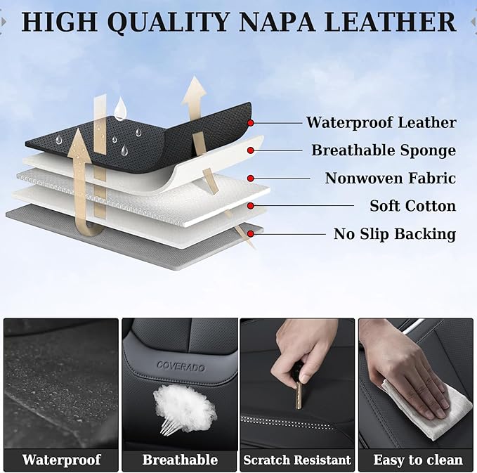 Coverado Seat Covers, Car Seat Covers Front Seats, Car Seat Cover, Car Seat Protector Waterproof, Car Seat Cushion Nappa Leather, Black Seat Covers Carseat Cover Universal Fit for Most Cars