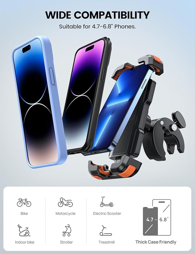 Lamicall Motorcycle Phone Mount, Bike Phone Holder - Upgrade Quick Install Handlebar Clip for Bicycle Scooter, Cell Phone Clamp for iPhone Air, 17 16 15 Pro Max, Galaxy, 4.7-6.8" Phones, Orange