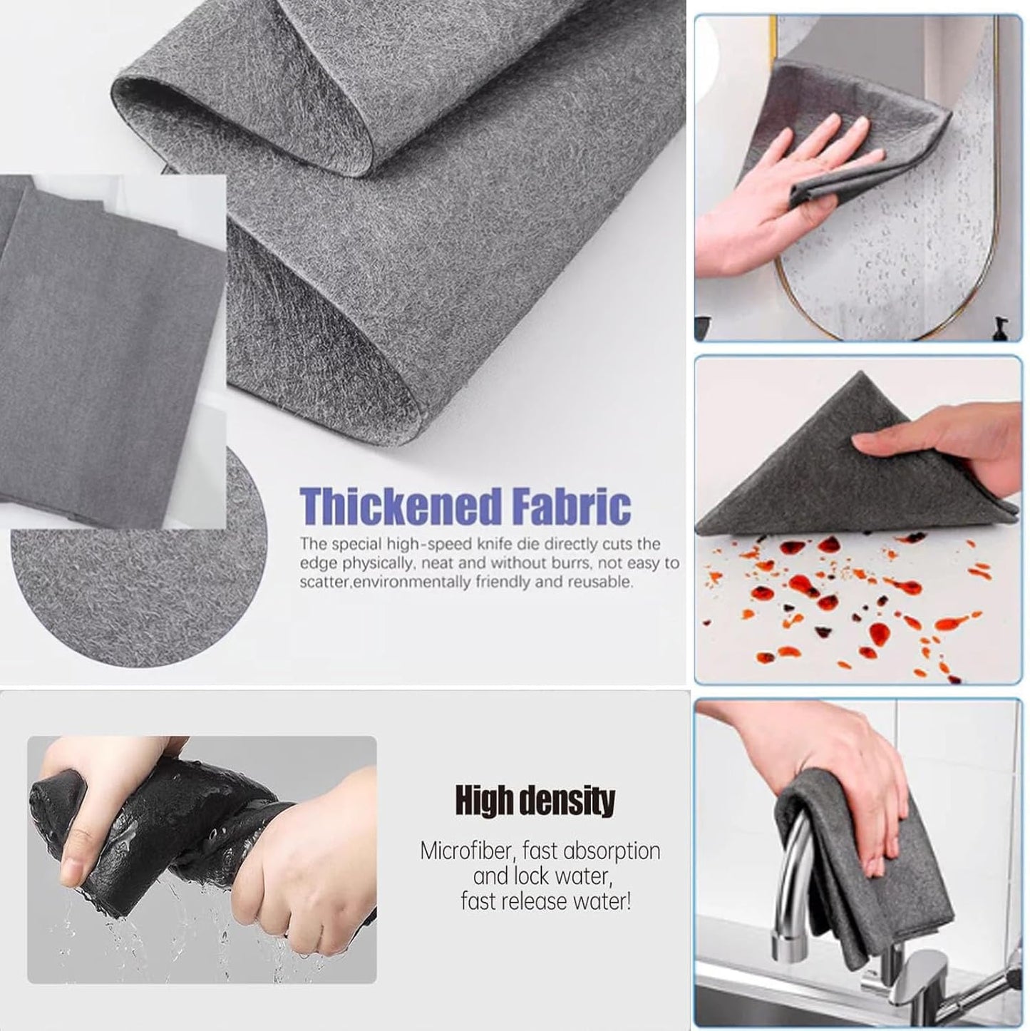 FETNHU Non-Woven - Super Absorbent 11.8" x 11.8" Lint-Free Cleaner, Reusable Thickened Magic Cleaning Cloth, Multipurpose Magic Cloths for Cleaning Glass, Cars, Kitchen, Window, Mirrors (10PCS-Gray)