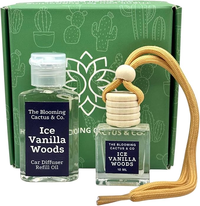 Car Air Freshener with 1 Oz Refill included | Car scented on the go | Car Air Freshener | Long Lasting Hanging Fragrance | Phthalate Free Fragrance. (Iced Vanilla Woods, 10 ml)