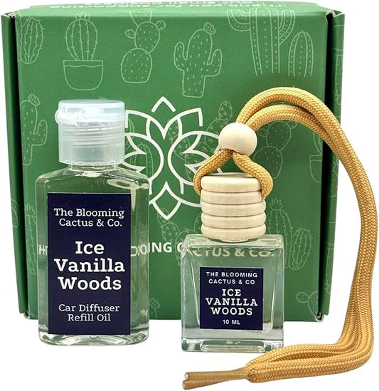 Car Air Freshener with 1 Oz Refill included | Car scented on the go | Car Air Freshener | Long Lasting Hanging Fragrance | Phthalate Free Fragrance. (Iced Vanilla Woods, 10 ml)
