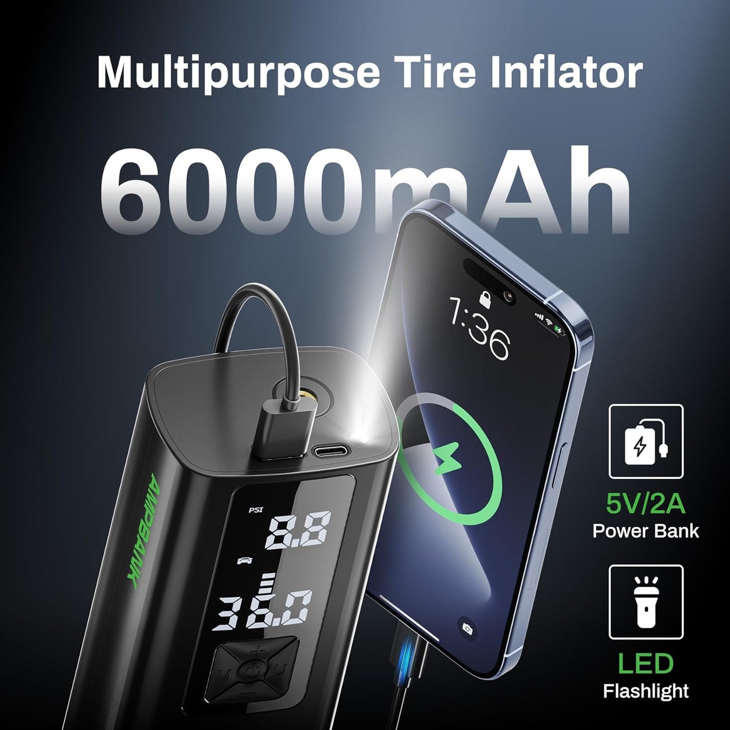 AT003 Tire Inflator Portable Air Compressor, Auto Air Pump for Car Tires, Tire Inflator 150PSI with 6000mAh Battery, Pressure Gauge & LED Screen, Air Compressor for Car, Motorcycle, Bike, Ball