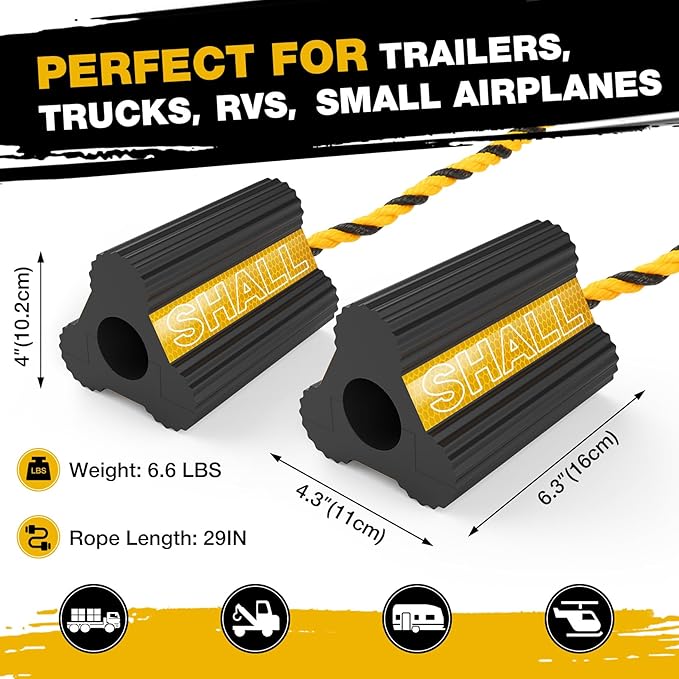 SHALL Wheel Chocks, Heavy Duty Rubber Wheel Chocks with 3 Reflective Strips, Solid Block Stopper for RV Trailer Camper Truck Car Aircraft, 2 Pair/4 Pack with Rope, Yellow