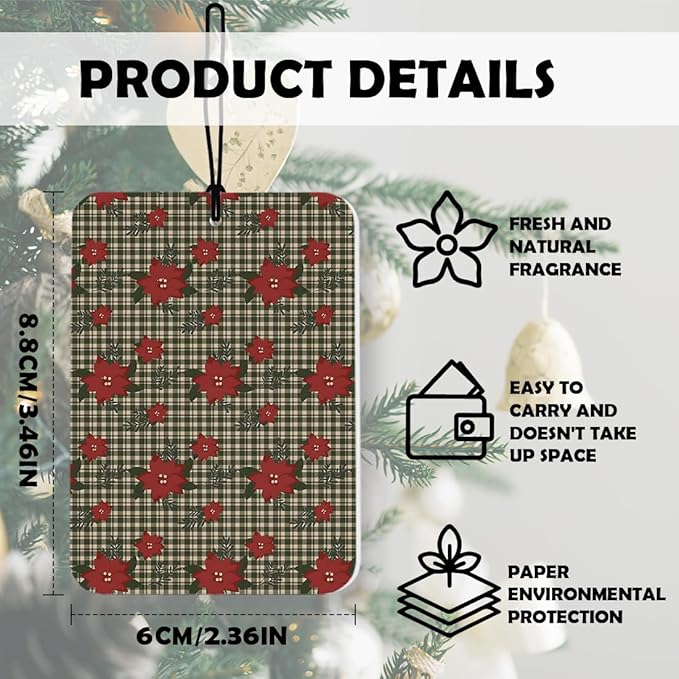 Vintage Plaid Christmas Car Air Freshener 3 Pcs, Red and Green Christmas Tree Poinsettia Reindeer Air Freshener Hanging Decor for Cars Closet Drawer Books Accessories Gifts
