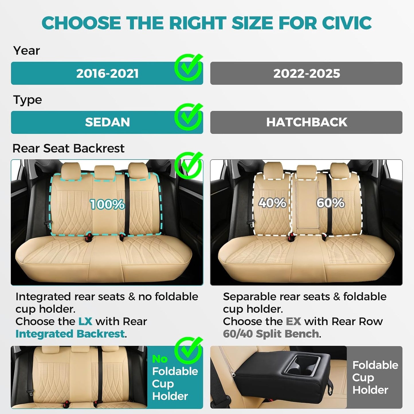 Seat Covers for Honda Civic Sedan LX 2016 2017 2018 2019 2020 2021, Faux Leather Car Seats Cover Full Set (Rear Row Solid & No Folding Backrest)-Beige