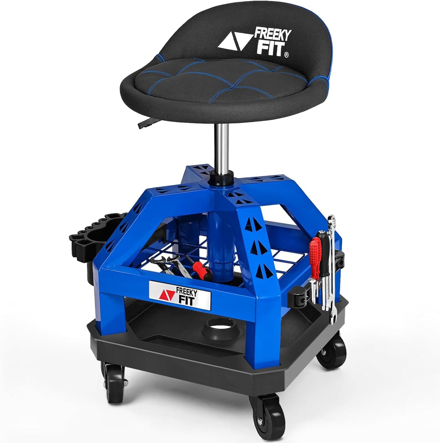 Rolling Shop Stool for Garage with Casters, DO02-Adjustable Height 360° Swivel Shop Seat with Tool Tray Storage, 330 LBS Capacity Padded Mechanic Stool, Magnetic Tool Hold, Heavy Duty, Blue