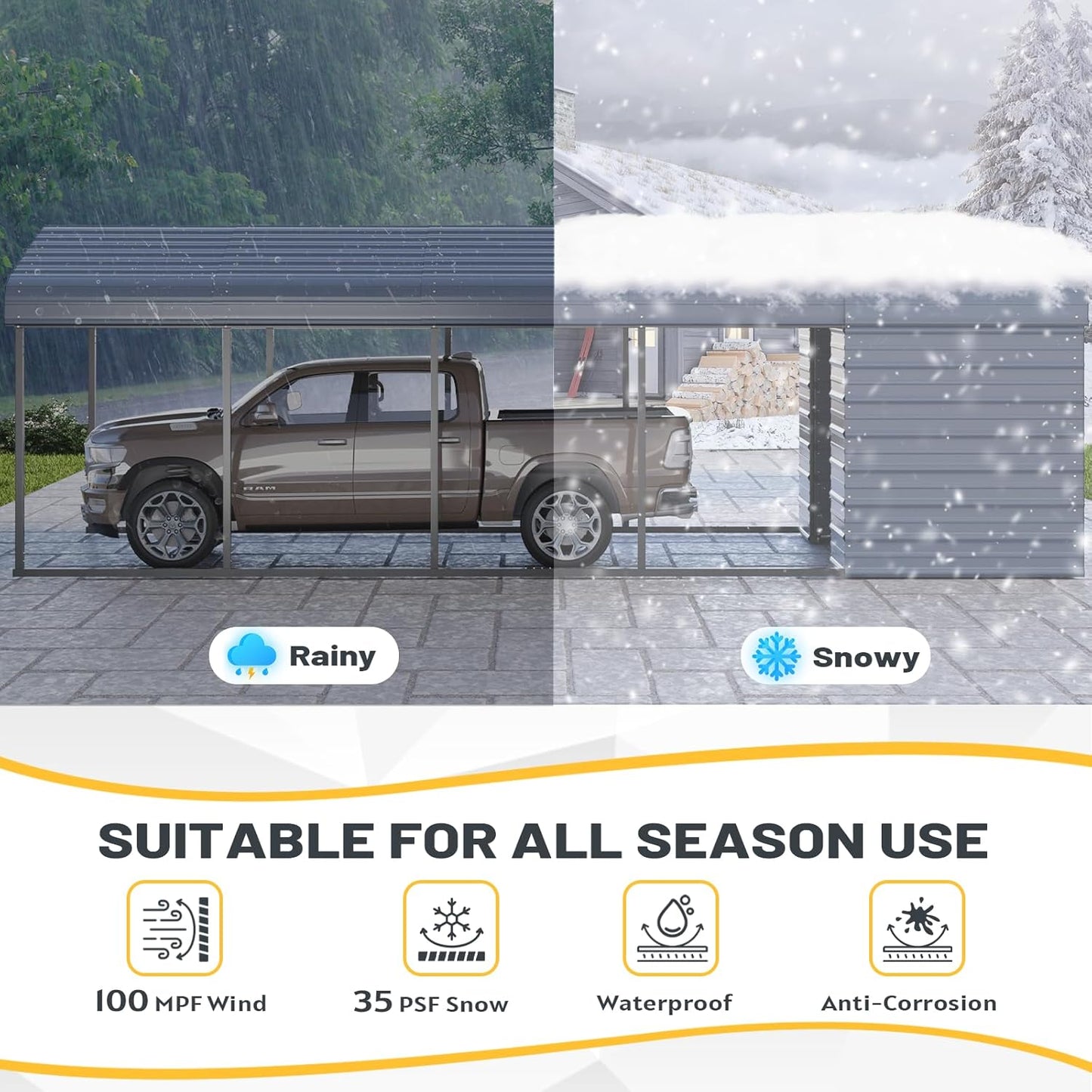 EROMMY 10x25 FT Carport Storage Shed 2-in-1, Heavy Duty Car Port with Galvanized Metal Frame, Base-Reinforced Enclosed Storage Shelter, Extended Coverage for Trucks, Cars & All Vehicles, Gray