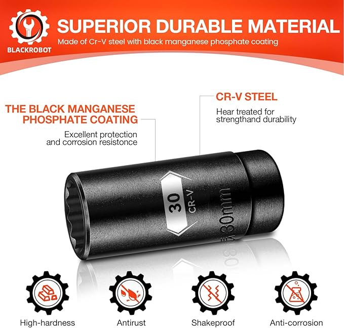 BLACKROBOT 30 mm 12-Point Deep Impact Socket, 1/2 Inch Drive, Metric, Cr-V Steel With Black Manganese Phosphate Coating