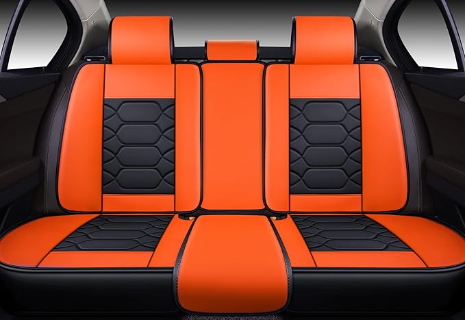 OASIS AUTO Car Seat Covers Full Set, Waterproof Faux Leather Seat Covers for Cars Universal Fit for SUV, Truck, Sedan, Black Premium Car Seat Protector with Front & Back Cushions (OS-004 Black&Orange)