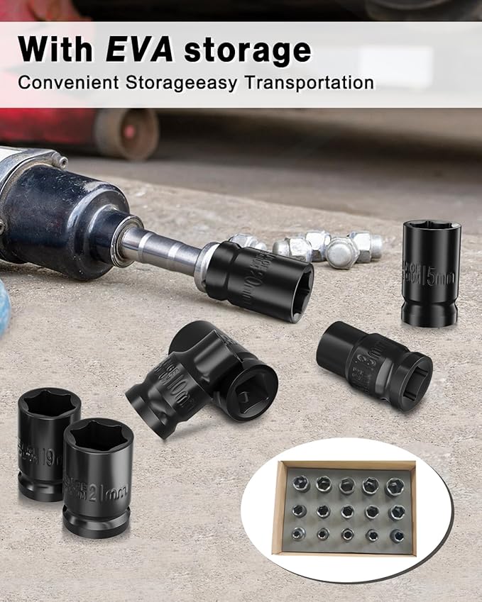 Lytool 15-Piece 1/2" Drive Shallow Impact Socket Set, Metric 8-22mm, 6-Point CR-V Steel