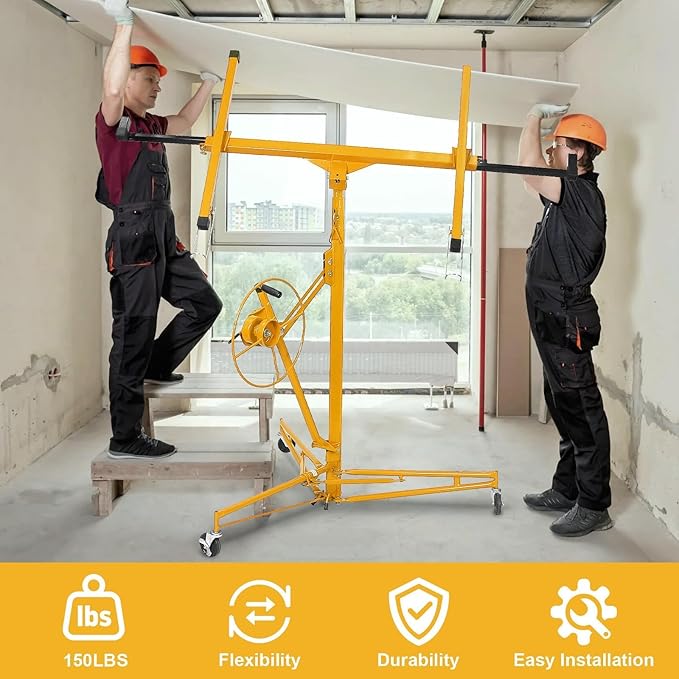 16FT Drywall Lift Sheetrock Lift, 150LBS Capacity, Drywall Lift Panel Hoist with Telescopic Arm, Drywall Jack Lift with 3 Lockable Wheels for Home Improvement, 4'x16' Panel Size, Yellow
