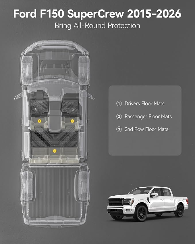 3W Floor Mats Fit for 2015-2024 2025 Ford F150 / F-150 Lightning SuperCrew Cab, TPE All Weather Heavy Duty Floor Liner Custom Fit Accessories Car Liners (with Original Folding Under-Seat Storage Box)