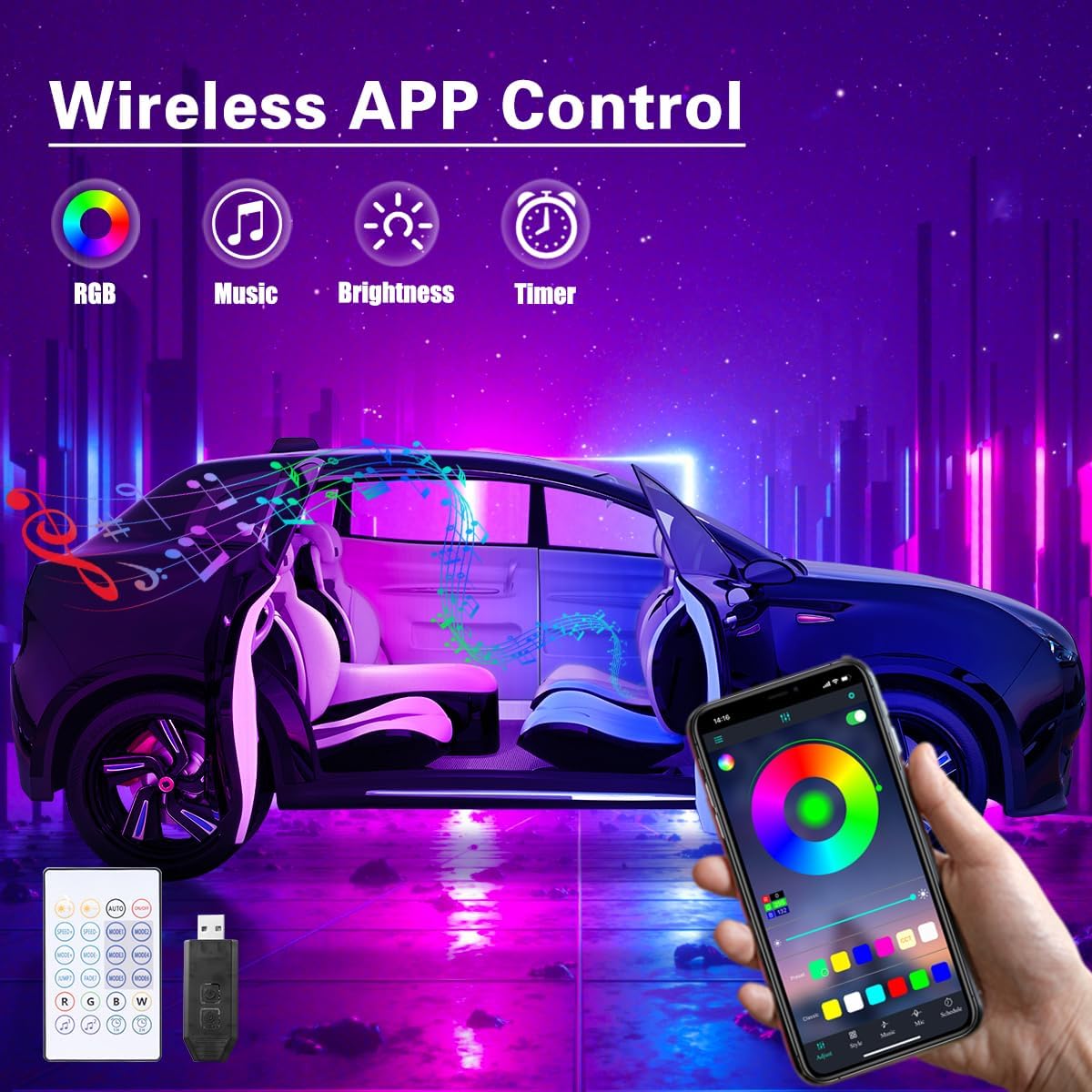 Acrylic Interior Car LED Lights with Wireless APP/Remote/Button Control, 6 in 1 Dreamcolor USB Car Ambient Lighting Kit 16 Million Colors Neon Strip Accessories for Vehicle Inside Decoration