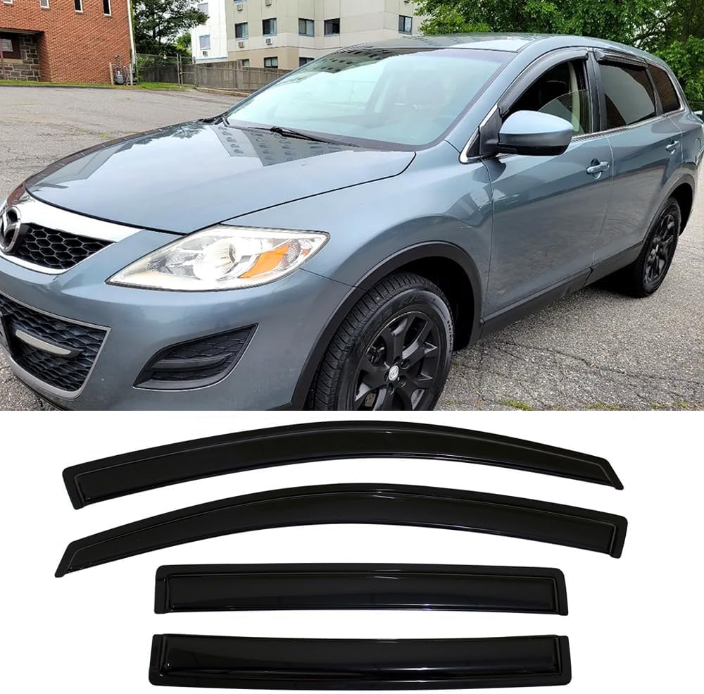 94143 Side Window Visors Wind Vent Deflector,4pcs Outside Mount Tape-On Nice Sun Rain Guards Set fit for 2007-2015 Mazda CX9 CX-9,Dark Smoke Window Shade