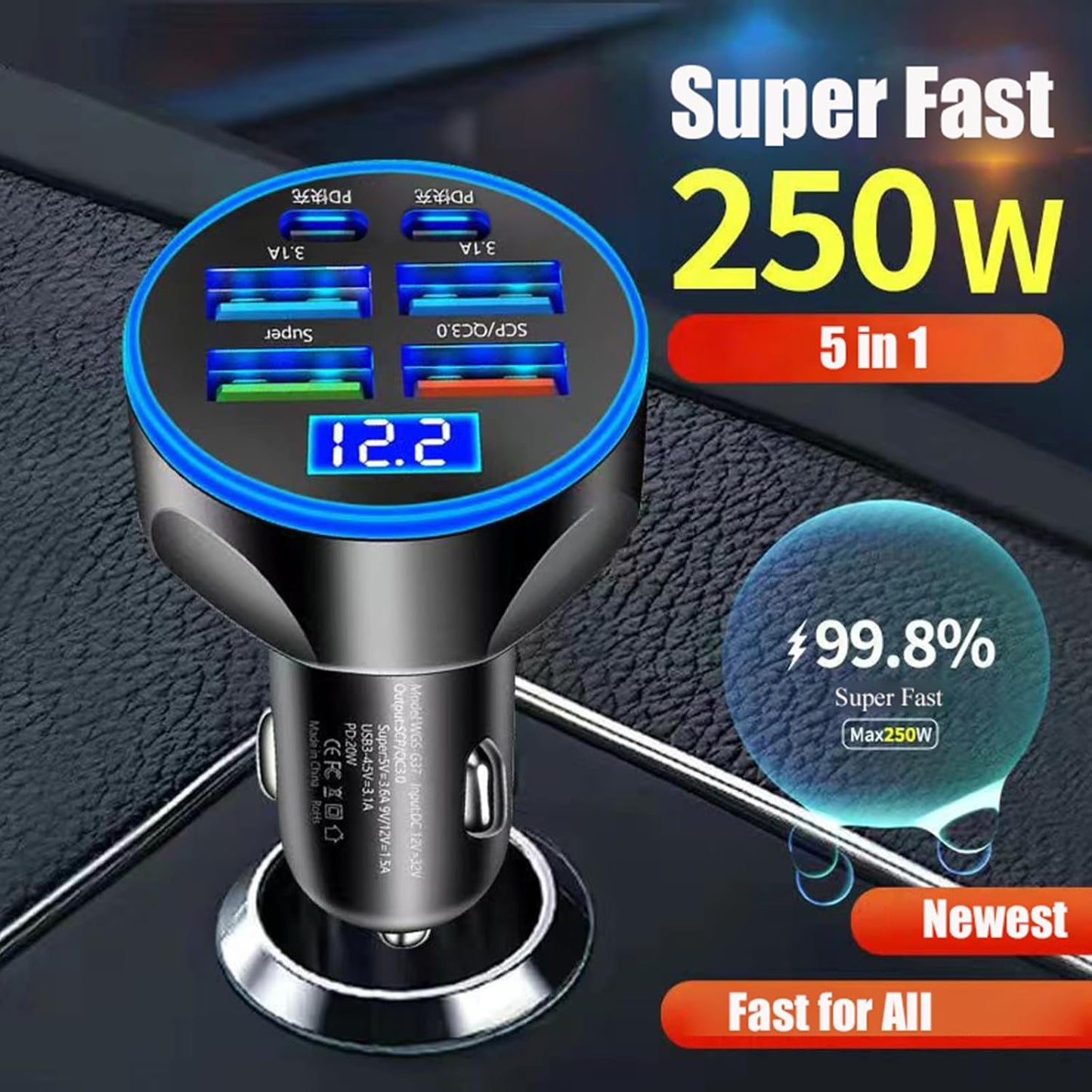 Super Fast Charge USB C Car Phone Charger Adapter 6 in 1 with Voltage Display 250W Multi Port Cigarette Lighter USB Charge for iPhone 16 15 14 13 12 11 Samsung Galaxy Huawei Oneplus Oppo Vivo