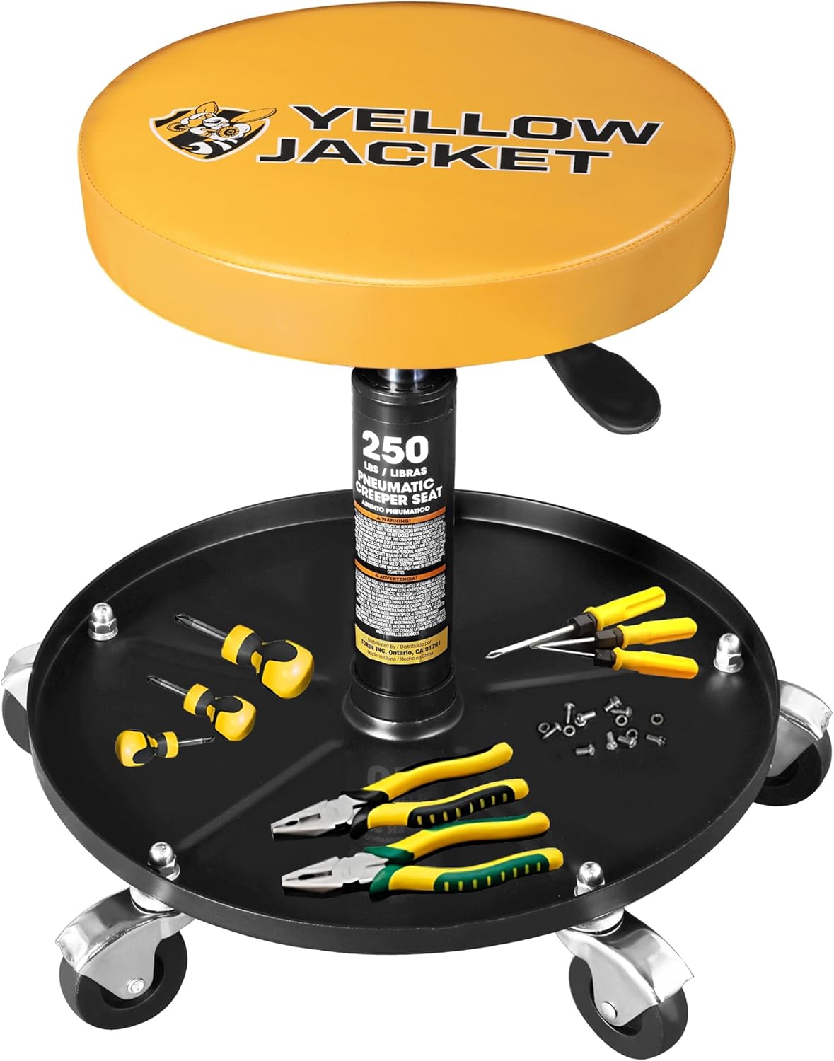 YELLOW JACKET Rolling Mechanic Stool with Wheels Pneumatic Garage Shop Seat Adjustable Height Roller Mechanics Creeper Chair with Tool Tray for Auto Repair