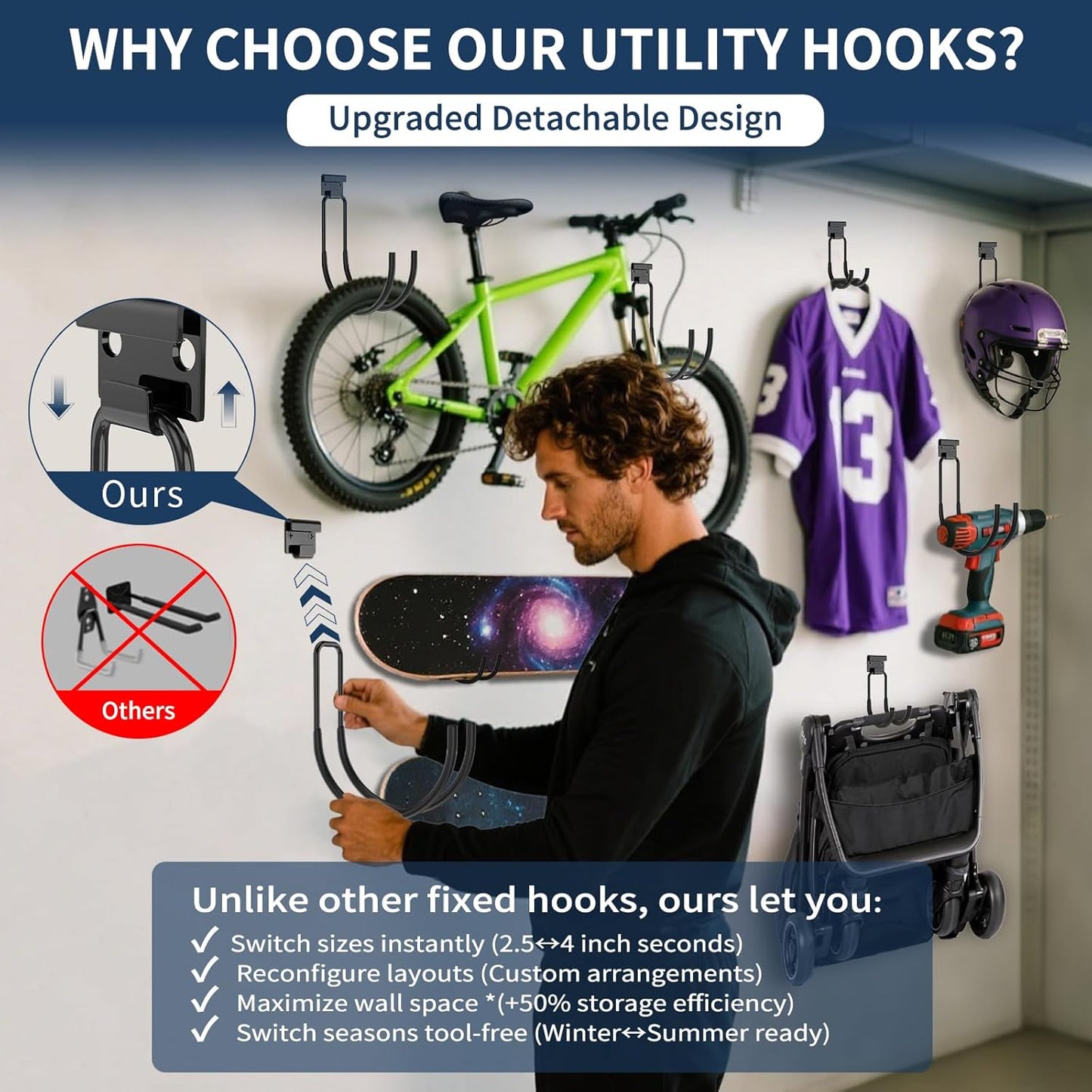 Garage Hooks Heavy Duty, 6pcs 68-110 LB Garage Organization and Storage Wall Hooks for Hanging Ladder/Bike/Power and Yard Tools/Hose, Utility Hook Tool Hangers for Garden/Shed/Apartment