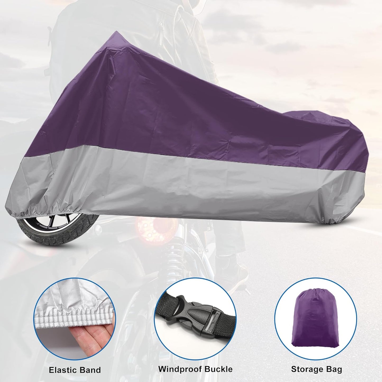 X AUTOHAUX Motorcycle Cover for Harley Davidson for Honda for Suzuki All Season Weather Waterproof Sun Motorbike Cover Fits Up to 96.46'' Motorcycles Vehicle Cover XL Purple Silver Tone