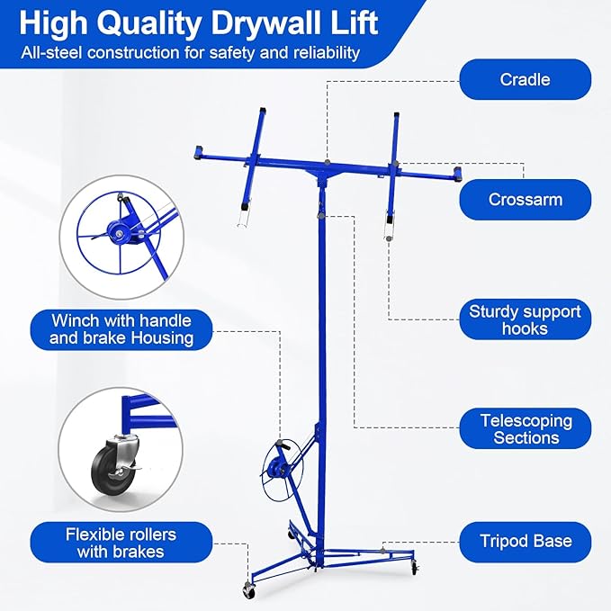11FT Drywall Lift Sheetrock Lift, 150LBS Capacity, Drywall Lift Panel Hoist with Telescopic Arm, Drywall Jack Lift with 3 Lockable Wheels for Home Improvement Classic, 4'x16' Panel Size, Blue