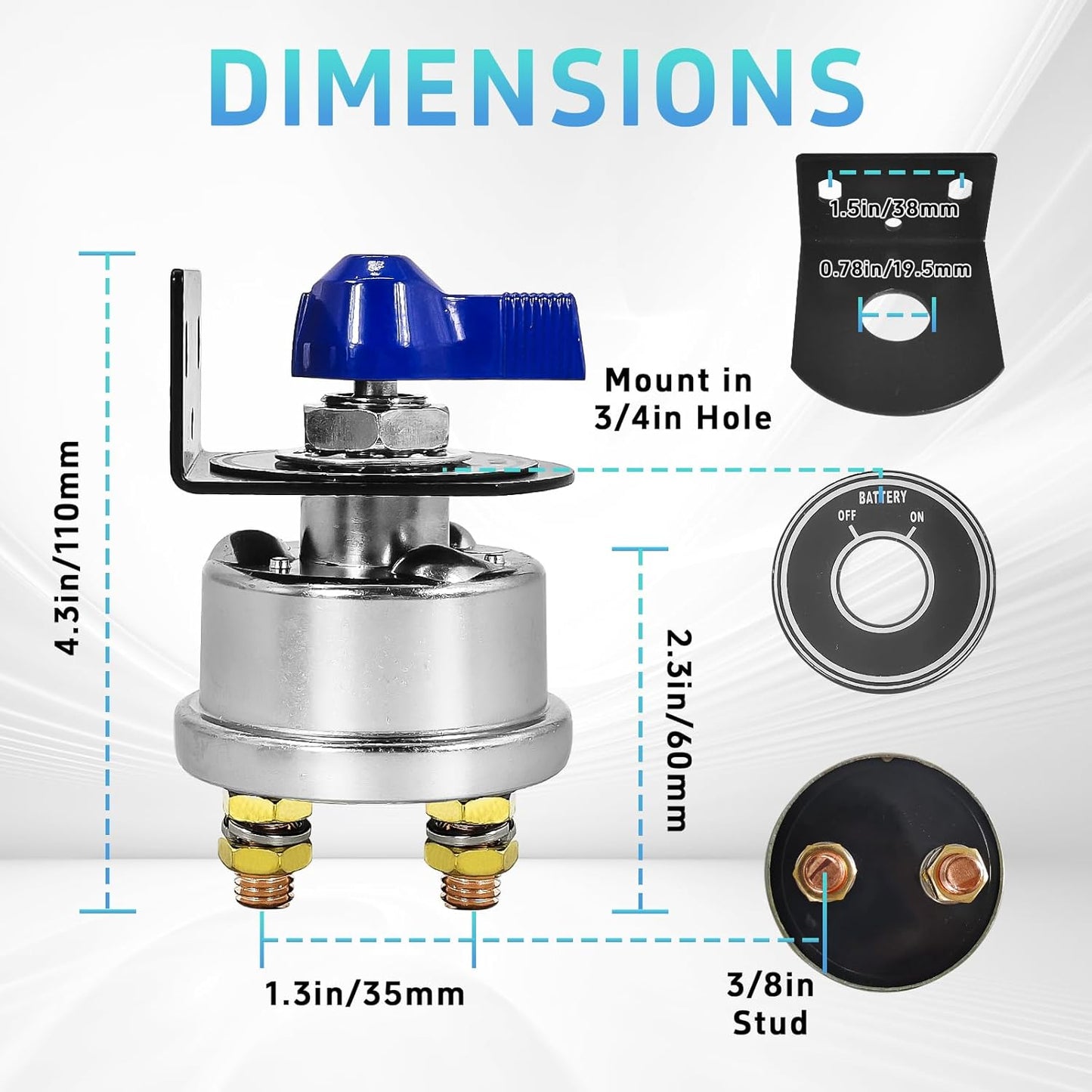 High Current Battery Disconnect Switch 200A,12-48V Battery Power Cut Off Isolator Switch with Face Plate for Car Yacht ATV RV Truck(Blue)