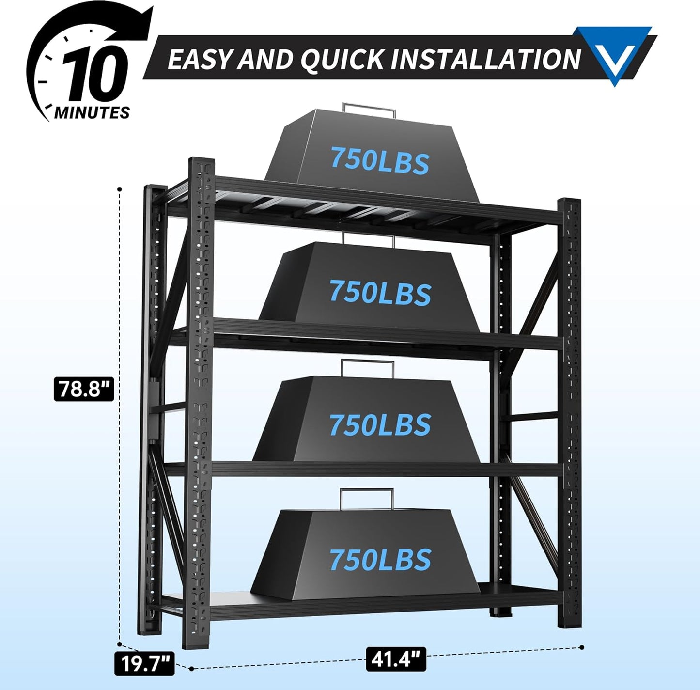 3000LBS Garage Shelving 42" W Garage Shelving Heavy Duty 4-Tier Metal Storage Shelves Adjustable Shelf Unit Storage Rack for Basement Supermarket Warehouse 42" W x 20" D x 78" H Black