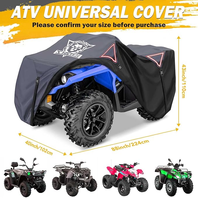 XYZCTEM Premium ATV Cover,Outdoor Protection Against Water, UV, Wind. Quad Cover for Can-am,Suzuki,Kawasaki, Honda, Yamaha, Polaris,and More.4 Wheeler Accessories with Thickened Straps(Grey,88" L)