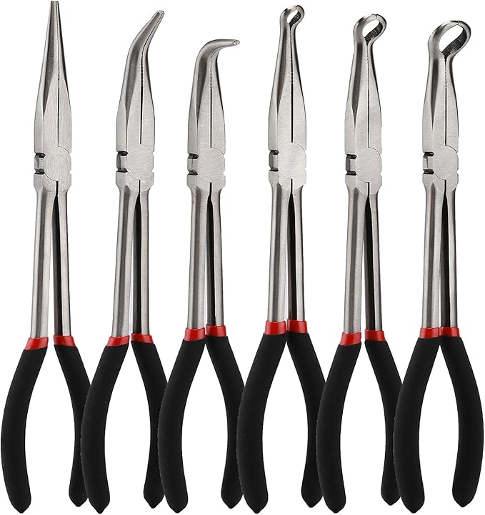Mayouko 6PCS Extra Long Reach Pliers Set, 11" Straight, 45 and 90 Bent Nose, 5/16", 1/2" and 3/4" Circle Nose Pliers