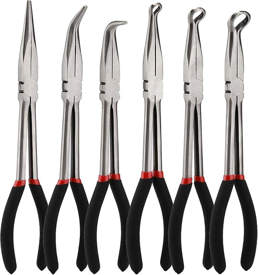 Mayouko 6PCS Extra Long Reach Pliers Set, 11" Straight, 45 and 90 Bent Nose, 5/16", 1/2" and 3/4" Circle Nose Pliers