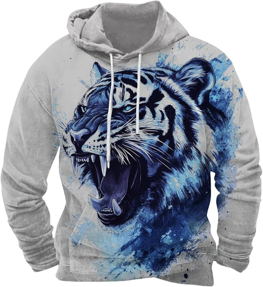 Mens Animal Print Graphic Hoodies Casual Long Sleeve Japanese Art Style Hooded Sweatshirt Lightweight Pullover Tops