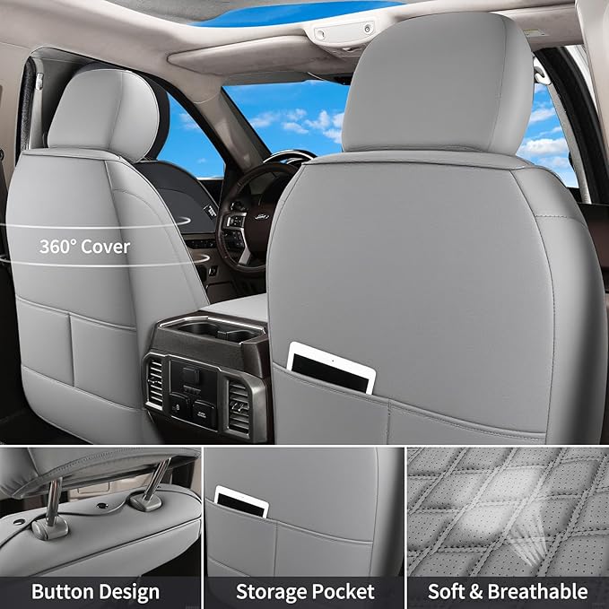 Huidasource F150 F250 F350 Front Seat Covers, 360° Full-wrap Car Seat Cushion Cover Fit for Ford F150 2015-2025&F250 F350 F450 2017-2025 All Cab XL XLT Lariat King Ranch Platinum(Front Pair/Gray)