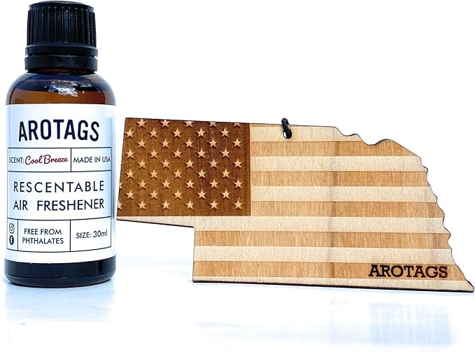 Arotags Car Air Freshener - Reusable Wood Diffuser - Hanging Odor Eliminator - Nebraska Patriot - Cool Breeze Scent