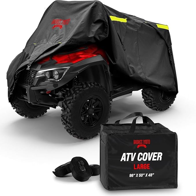 Badass Moto Ultimate ATV Cover Waterproof Outdoor Heavy Duty Storage. Durable 4 Wheeler Covers All Weather Rain Sun Snow. Four Wheelers Accessories Fits Polaris Honda CF Moto Quad No-Zipper Large 96”